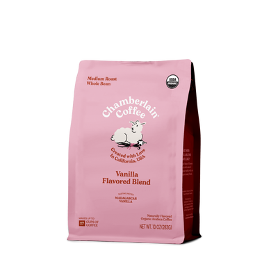 Organic Vanilla Coffee Blend Whole bean Product Shot Diagonal